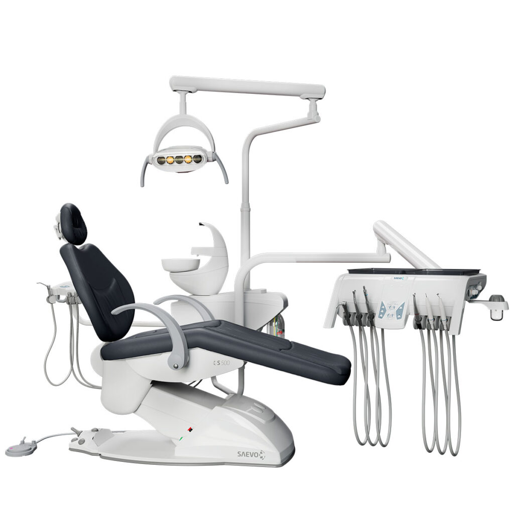 Unidad dental Saevo modelo S500 con sillón ergonómico y sistema de control avanzado, ideal para clínicas odontológicas. Distribuida por IEMD en México